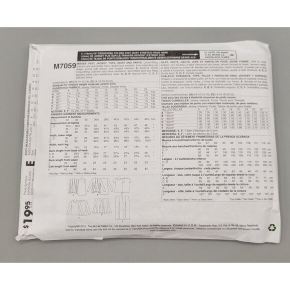 McCalls Pattern Misses Vest Jacket Top Skirt Pants Size E5 14-22 M7059 UNCUT - Picture 3 of 3